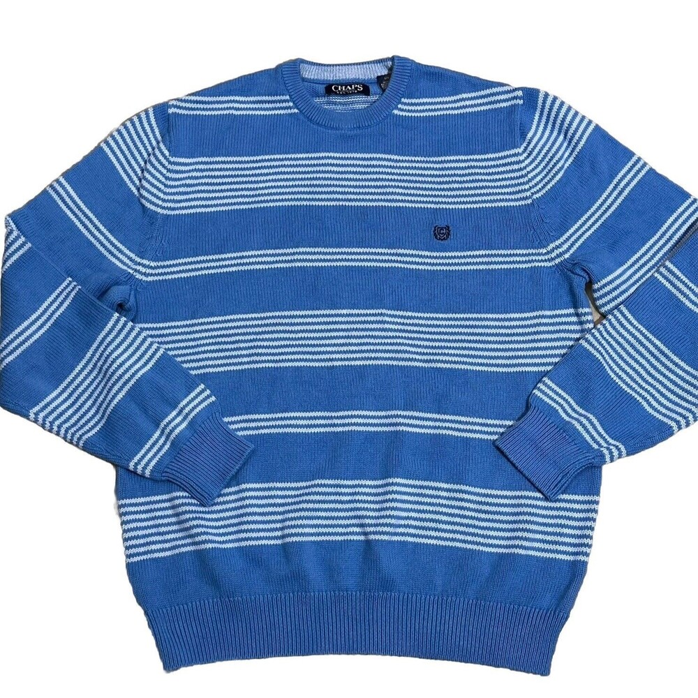 Chaps Crewneck Cotton Striped Sweater Mens Size Large Blue Gray